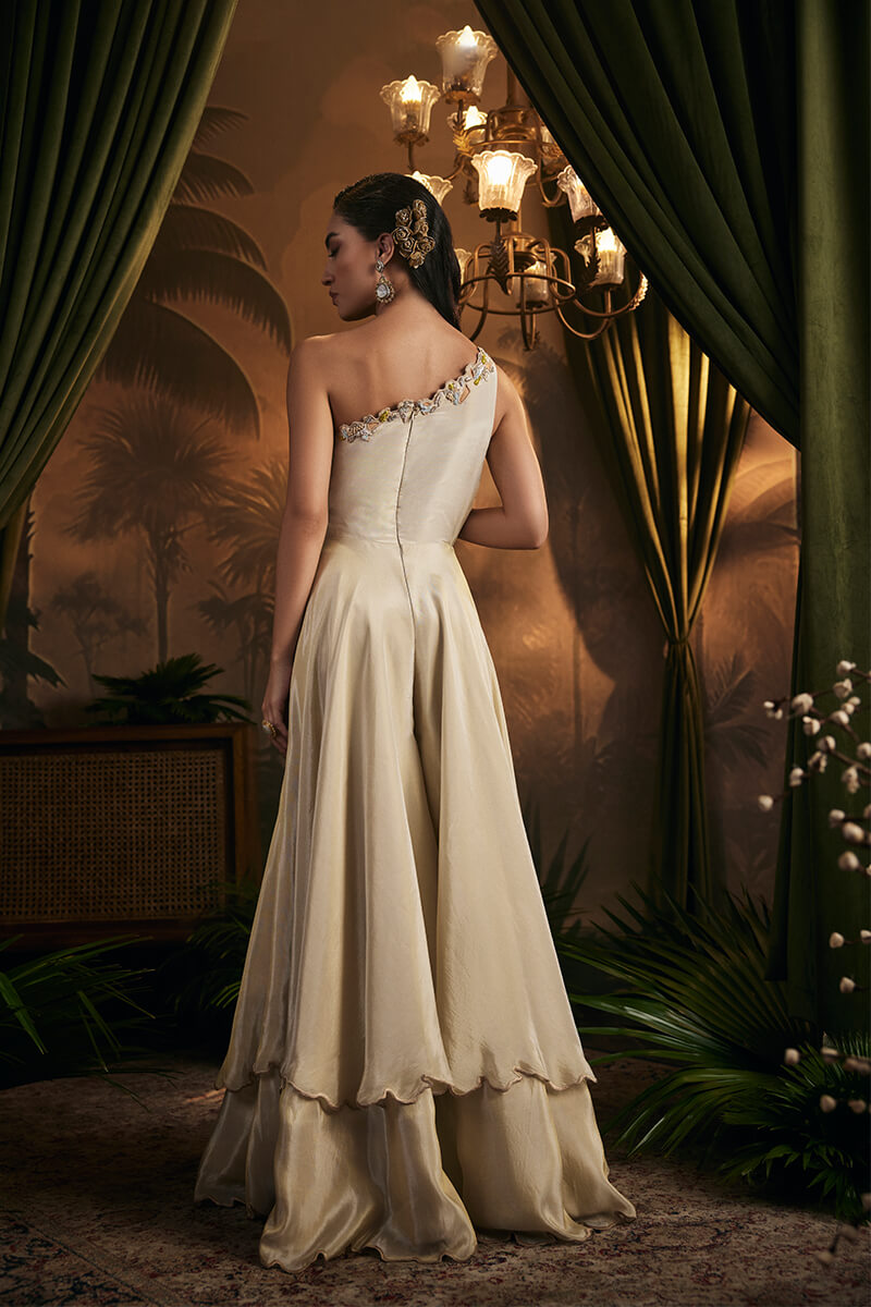 Sequins Intricate Cutwork Embroidered One Shoulder Double Layer Jumpsuit