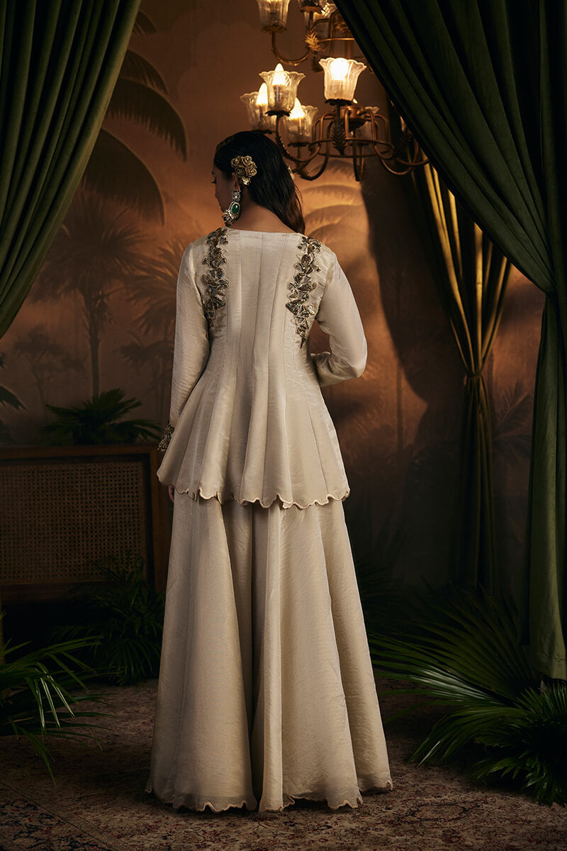 Antique Gold Front Open Short Kalidaar Paired with Sharara and Embroidered Dupatta