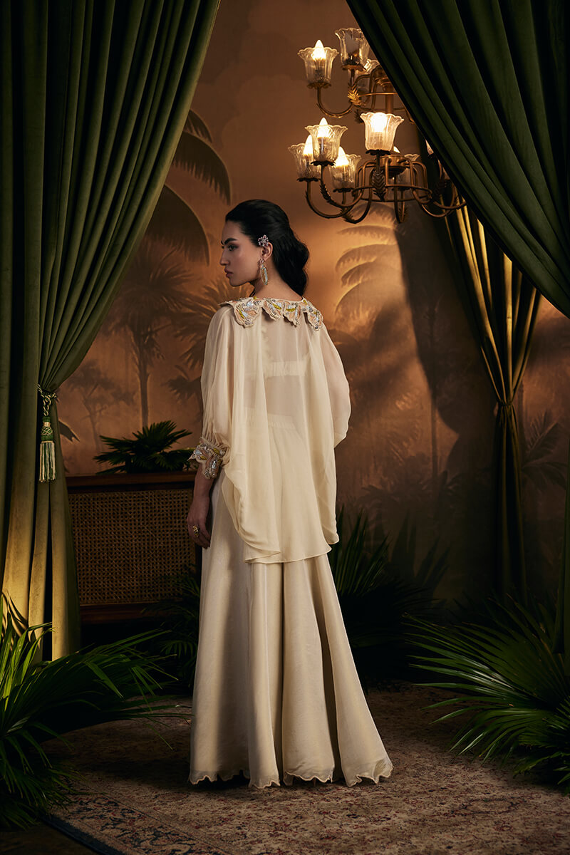 Scallop Embroidered Blouse Paired with Sharara and Embroidered Cape