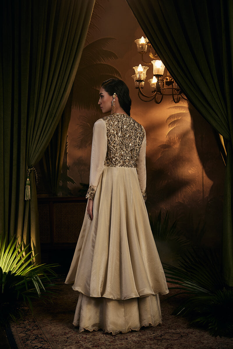 Antique Gold Embroidered Long Jacket Paired with Blouse
