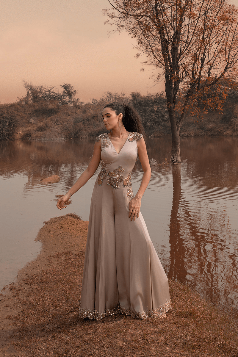 Beige Sleeveless Flared Jumpsuit
