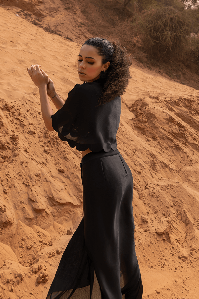 Black Drape Wrap Skirt Set