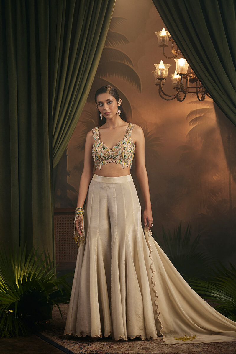 Embroidered Blouse Paired with Flared Sharara and Embroidered Dupatta