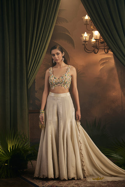 Embroidered Blouse Paired with Flared Sharara and Embroidered Dupatta