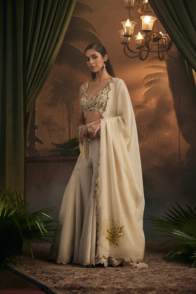 Embroidered Blouse Paired with Flared Sharara and Embroidered Dupatta
