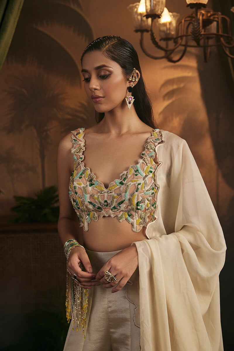 Embroidered Blouse Paired with Flared Sharara and Embroidered Dupatta