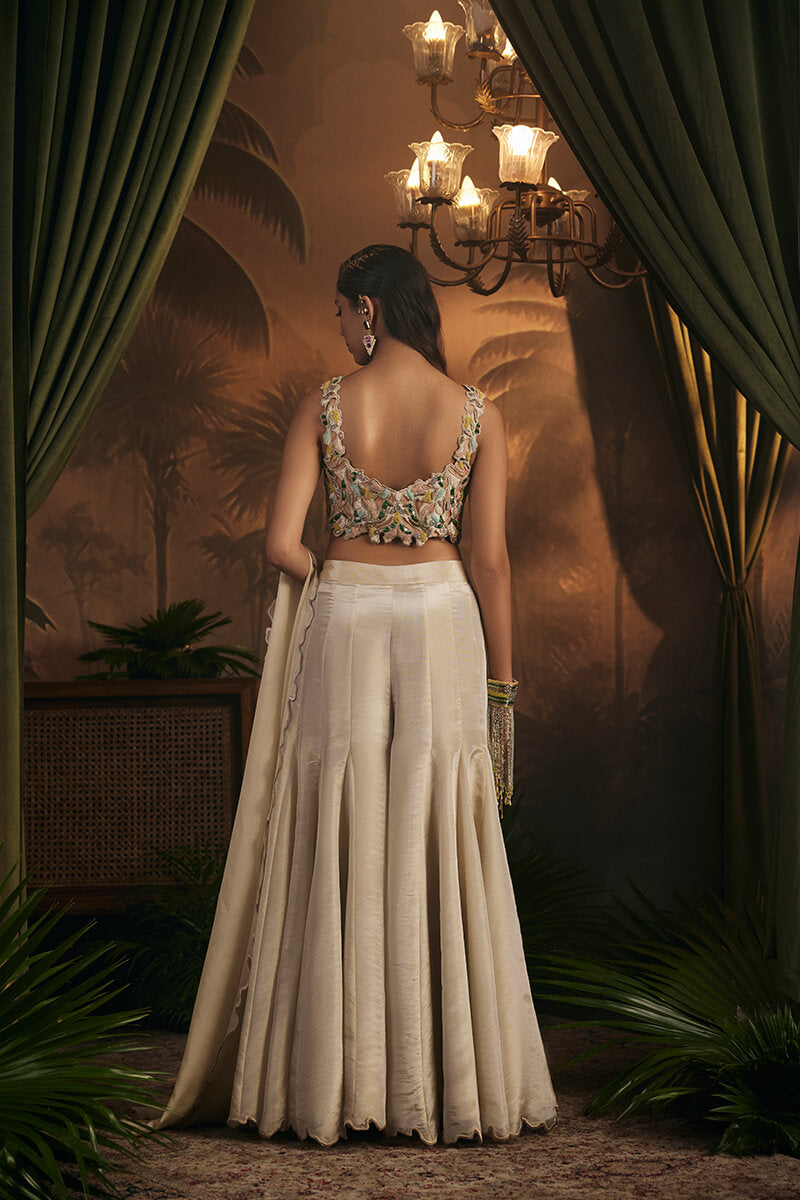 Embroidered Blouse Paired with Flared Sharara and Embroidered Dupatta