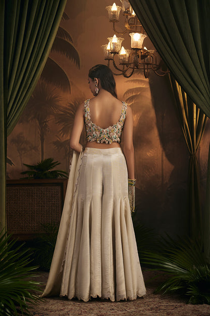 Embroidered Blouse Paired with Flared Sharara and Embroidered Dupatta