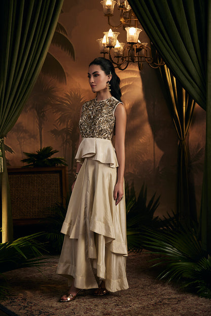 Embroidered Peplum Top Paired with Asymmetric Double Layer Skirt