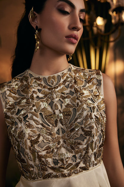 Embroidered Peplum Top Paired with Asymmetric Double Layer Skirt