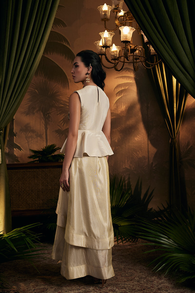 Embroidered Peplum Top Paired with Asymmetric Double Layer Skirt