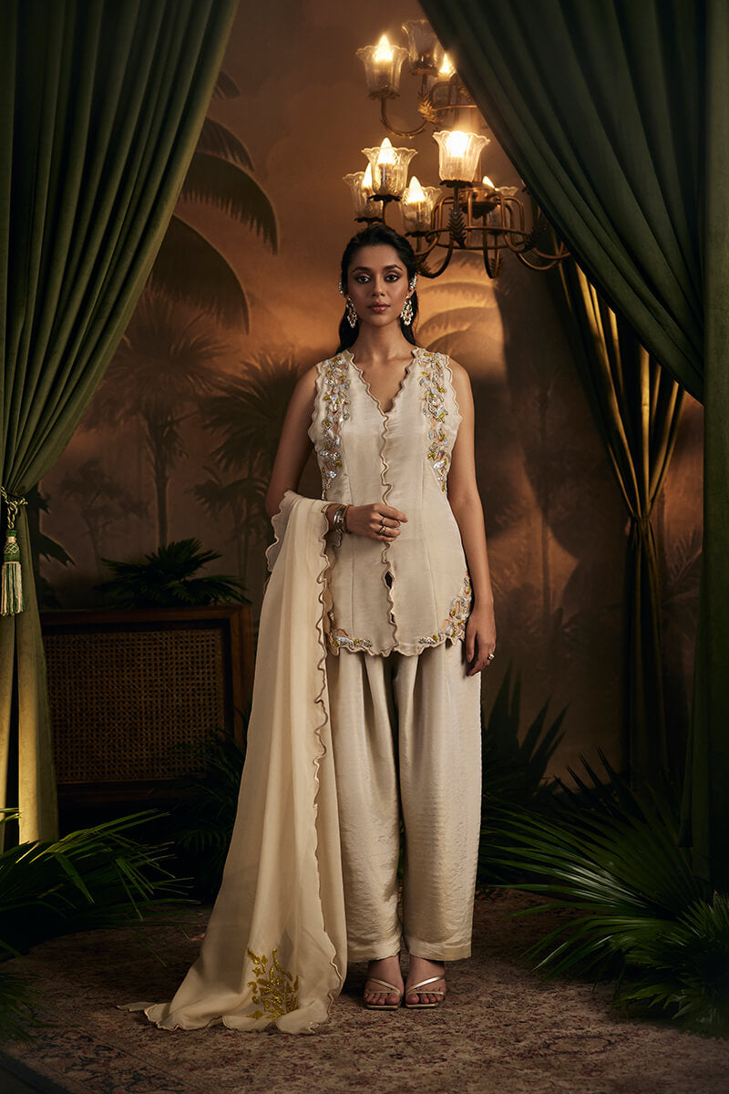 Embroidered Tunic Paired with Salwar and Embroidered Dupatta