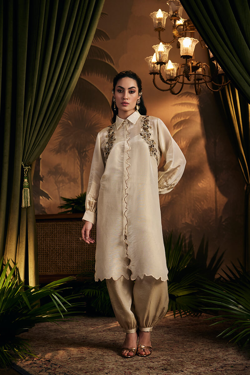 Antique Gold Embroidered Tunic Paired with Afghani Pants