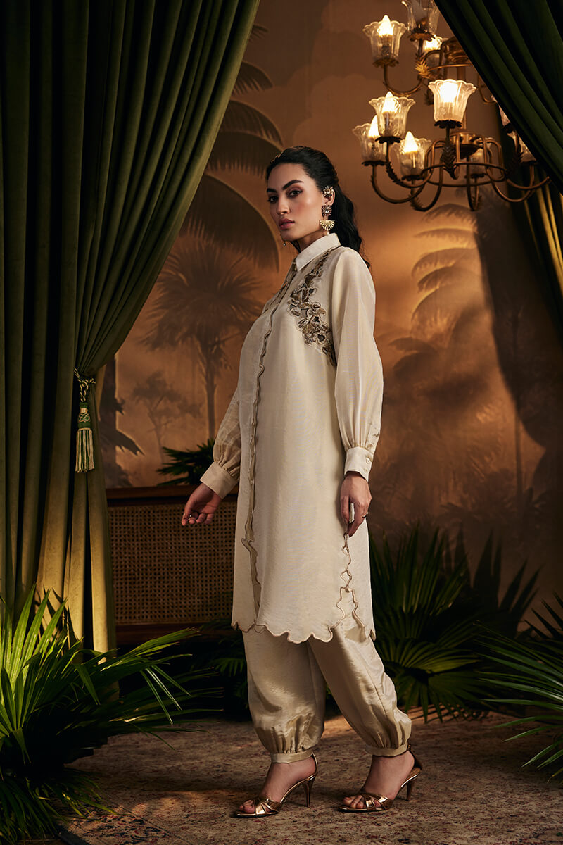 Antique Gold Embroidered Tunic Paired with Afghani Pants