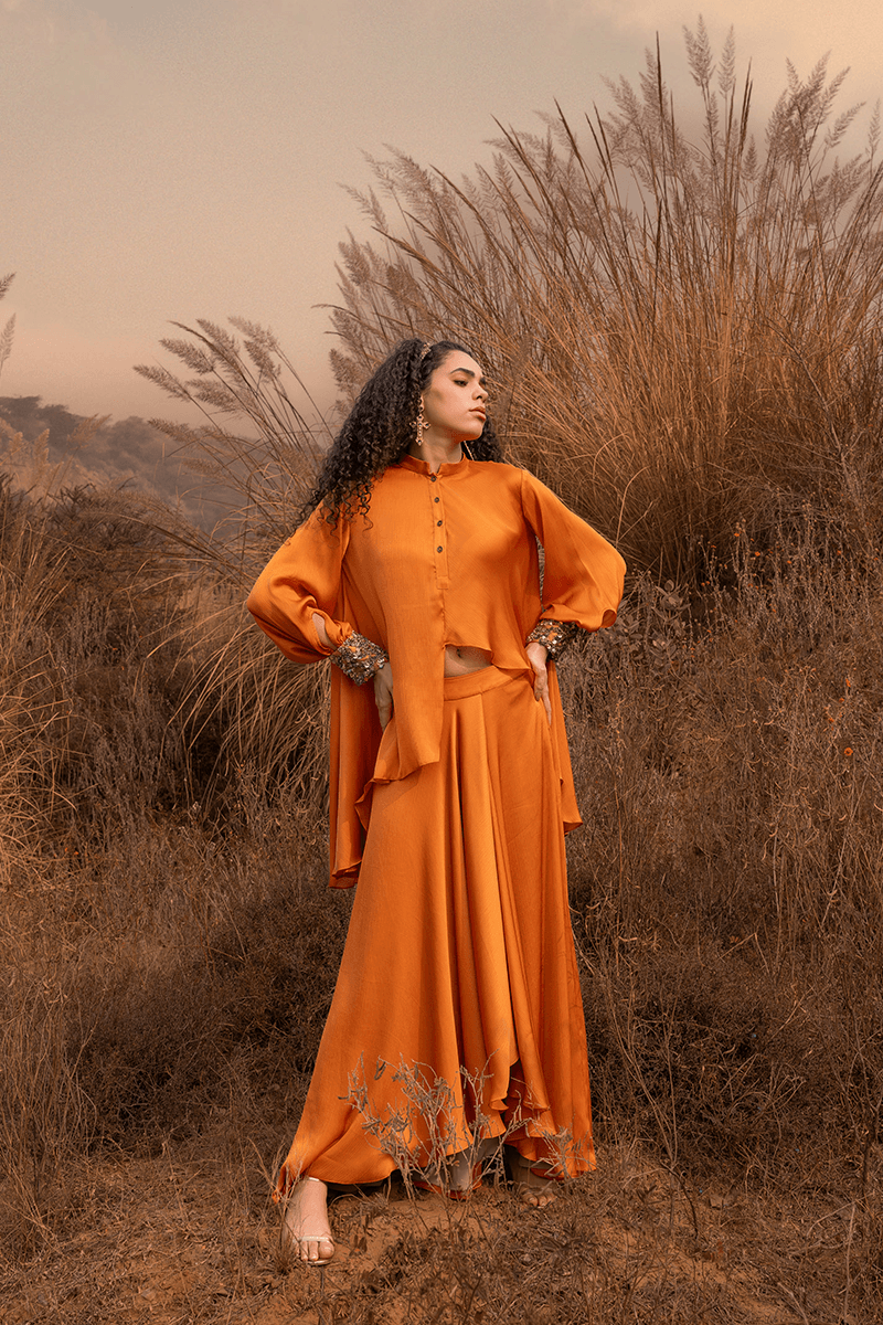 Orange Asymmetric Skirt Set